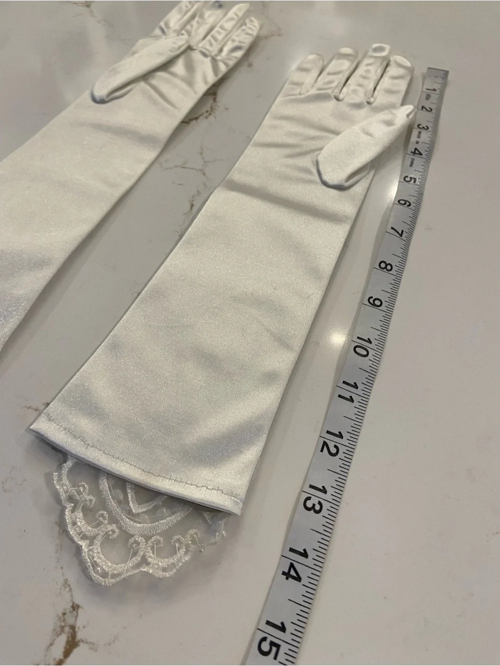 Vintage Bridal Gloves White Satin Elbow Length Stretch w/ Lace Detail NEW